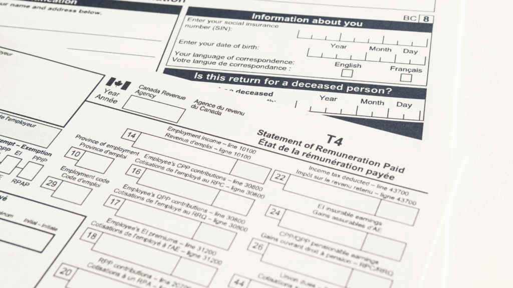 An image of some blank Canadian tax forms at a CPA office in Woodstock Oxford County