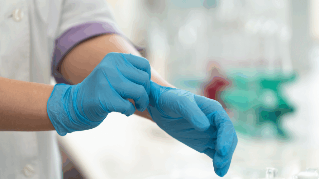 An image of a Woodstock doctor putting on gloves in their clinic.