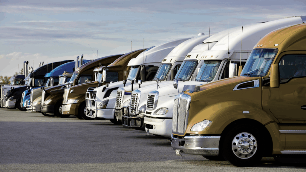 An image of a fleet of trucks outside of a trucking company in Woodstock, Ontario