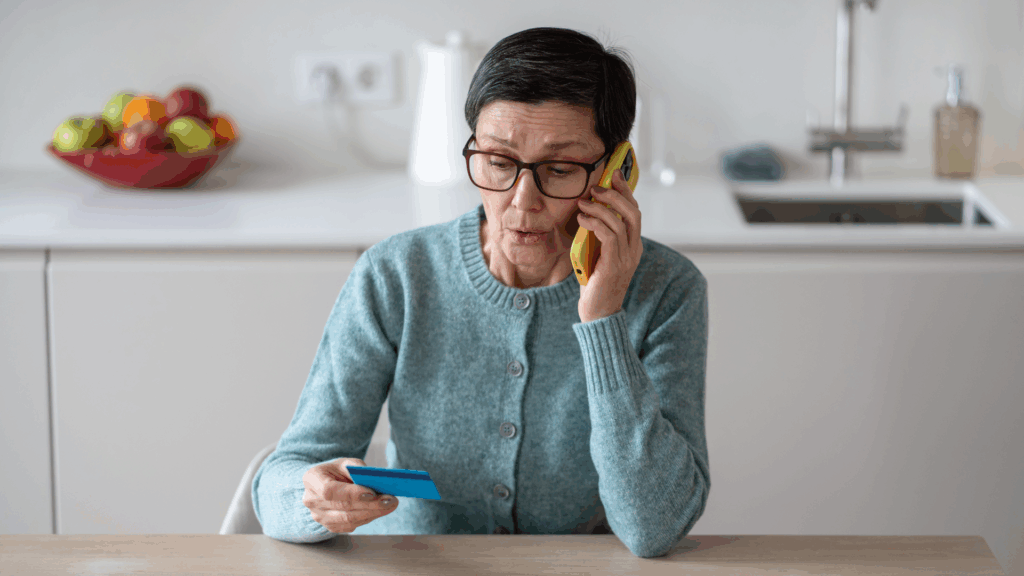 An image of an older women in her kitchen trying to resolve a scam with her credit card.